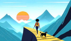 Woman and dog up in mountains with setting sun